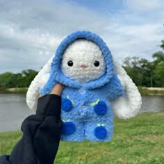 a person holding up a stuffed animal in front of a body of water and grass