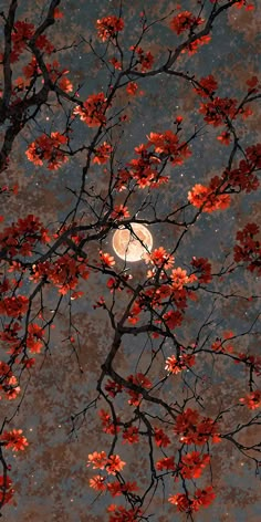 a full moon is seen through the branches of a tree with red flowers on it