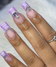 Purple Nail Designs With Charms, Purple Acrylic Nails With Charms, Nails Acrylic Short Charms, Purple Charm Nails, Cute Short Nails With Charms, Purple Kaws Nails, Purple Junk Nails, Purple Nails With Charms, Short Pink Frenchies