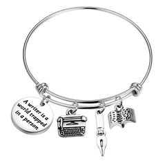 PRICES MAY VARY. 【Material】Writer Quotes Bracelet made of stainless steel,it is lead free and nickel free.Stainless Steel is hypo allergenic, it doesn’t rust, change colour or tarnish. 【Size】Author Bracelet -Bangle is 6.0 cm in diameter ,Writing charm is 2.0 cm in diameter .It is fully adjustable to fit approximately a 6 inch to 8 inch wrist. perfect size to daily wear. TIPS:manual measuring permissible error.This charm bracelet is a perfect gift for any book lover on all occasions. 【Engraved me Author Bracelet, Writers Aesthetic, Bracelet Quotes, Writer Gifts, Writer Quotes, Literary Gifts, Professional Jewelry, Jewelry For Her, Bracelet Bangle