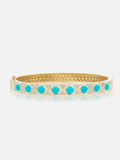 18k yellow gold hinged bangle with turquoise cabochons and diamond details. The perfect way to elevate your wrist stack, the Turquoise Cabochon bangle is one-sided and features a comfortable single hinge for ease of wear. Looks great alone or paired with friends! Made to order. The current lead time is 8-10 weeks. Turquoise Jewelry Gold, Wrist Stack, Hermes Bracelet, Wrist Stacks, Wrist Accessories, Hinged Bangle, Bangles Jewelry, Dream Jewelry, Gold Jewellery