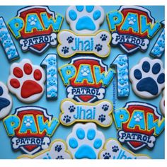 decorated cookies with paw patrol designs on them