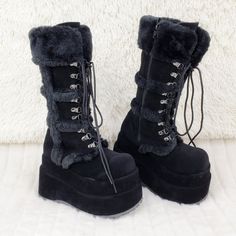 4.5" (12.7cm) Platform Goth Punk Calf Boots Faux Fur Trim And Upper Cuff Detail Full Inner Side Zipper Cushioned Foot-Bed Us Woman's Sizes New In Original Demonia Box Platform Calf Boots, Demonia Boots, Fluffy Boots, Demonia Shoes, Dr Shoes, Snow Outfit, Emo Outfits, Platform Loafers, Star Shoes