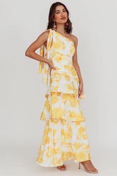 Kenny One Shoulder Tiered Maxi Dress Yellow by Selfie Leslie Side Split Maxi Dress, Yellow Bridesmaid, Tiered Dresses, Bridal Party Outfit, One Shoulder Maxi Dress, Dress Ruffles, Yellow Bridesmaid Dresses, Yellow Floral Dress, Crochet Maxi Dress