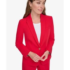 Perfectly put-together, with slightly peaked lapels and subtle signature detailing, Tommy Hilfiger's one-button blazer is bound to be a wardrobe workhorse..Approx. model height is 5'10' and she is wearing size 4.Approx. 24' long from center back neck to hem.Slightly peaked lapels; one-button front closure.Signature gold-tone TH logo at left lapel; shoulder padding.Slanted welt pocket at chest; horizontal welt pockets at side front; matching elbow patches; vent at center back.Long sleeves with signature button trim.Lined.Shell: polyester/viscose/spandex; stretch lining: polyester/spandex.Dry clean.Imported Classic Career Blazer With Pressed Crease, Tailored Button-up Blazer For Career, Office Sport Coat With Button Closure And Notch Lapel, Single Button Solid Color Office Blazer, Notch Lapel Sport Coat With Button Closure For Office, Single Button Blazer For Office, Business Casual Single Breasted Notched Blazer, Office Solid Single Button Blazer, Career Notched Blazer With Single Button