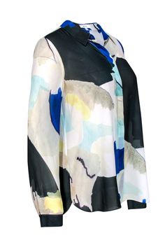 Add an artistic flair to your professional wardrobe with this blouse from Reiss! A colorful print makes this top perfect for standing out in the office. Pair with bright heels for a vibrant and professional look for your next budget meeting or networking event. Size 8 100% Polyester Front button-up closure Unlined Collared neckline Long sleeve Cream, black and blue printed design Single button on cuffs Bust 44" Waist 42" Sleeve length 24.5" Shoulder to hem 26.5" Modern Blue Blouse For Office, Modern Multicolor Tops For Work, Blue Watercolor Print Tops For Spring, Blue Watercolor Print Top For Spring, Multicolor Abstract Pattern Spring Tops, Chic Multicolor Graphic Print Blouse, Spring Multicolor Abstract Pattern Tops, Collared Abstract Print Top For Work, Collared Tops With Abstract Print For Work