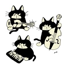 three black and white cats playing musical instruments with one cat laying on its back, the other lying down