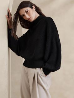 Landa Merino Sweater | Banana Republic Shawl Sweater, Exaggerated Sleeves, Merino Sweater, The Sheep, Ribbed Knit Sweater, Wide Waistband, Batwing Sleeve, Knit Jumper, Cropped Sweater