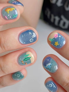 short summer nails: sea creatures Nail Designs For Short Short Nails, Cute Designs On Short Nails, Cute Nail Designs For Short Nails Summer, Nails Idea For Short Nails, Nail Art For Really Short Nails, Cute Nail Art Designs For Short Nails, Short Nails Ideas Colorful, Cute Coffin Nails Short, Funky Short Nail Designs