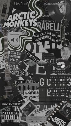 black and white collage with various stickers on it