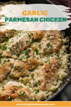 garlic parmesan chicken in a skillet with text overlay that reads garlic parmesan chicken