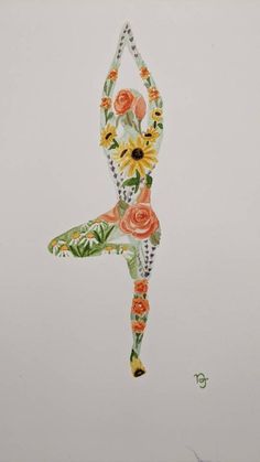 a painting of a woman doing yoga with flowers on her leg and arms in the air