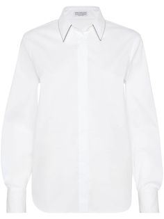 white cotton blend stretch-design poplin texture silver-tone trim signature Monili chain detail classic collar concealed front button fastening long sleeves buttoned cuffs curved hem Shirt Fabric Texture, White Shirt Fabric, White Long Sleeve Shirt, Cotton Poplin Shirt, Cotton Long Sleeve Shirt, Pullover Shirt, Shirt Fabric, Fashion Runway, Poplin Shirt