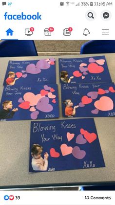 four valentine's day cards on a table with hearts and the words blowing kisses your way