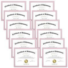 six certificates are shown in pink and white