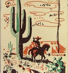 an image of a cowboy on a horse in the desert with cacti and cactus trees