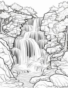 a waterfall in the woods with trees and rocks around it coloring page for adults or kids