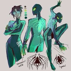 some very cute cartoon characters in green and black outfits with spider webs on them