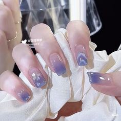 Blue Jelly Nails Acrylic Korean, Korean Nails Winter, Blue Jelly Nails Short, Winter Jelly Nails, Korean Nail Art Purple, Blue Jelly Nails Korean, Winter Nails Korean, Jelly Purple Nails, Blue Blush Nails