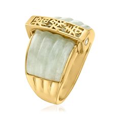 Ross-Simons - Jade "Fortune, Prosperity, Longevity" Ring, 18kt Yellow Gold Over Sterling. Size 9. May luck be with you wherever you go. Our polished 18kt yellow gold over sterling silver ring features a 21x12mm carved jade with white topaz accents. Features Chinese symbol for "fortune, prosperity, longevity." 5/8" wide. Jade Chinese symbol ring. Chinese Symbols, Carved Jade, Sterling Jewelry, Jade Carving, White Topaz, Ring Gold, Chinese Style, Sterling Silver Ring, Topaz