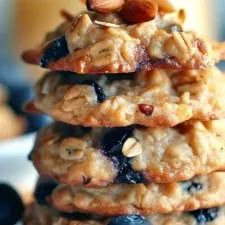 a stack of oatmeal cookies with blueberries and almonds