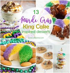 there are many different cakes and desserts in this collage with the words 13 madi - gras king cake inspired desserts