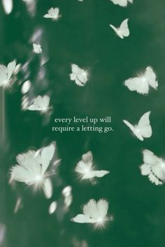 some white butterflies flying in the air with a quote above it that says, every level up will require a letting go