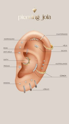 Piercing marroquinopiercing rookpiercing anti hélixpiercing daithpiercing tráguspiercing minionspiercing lóbulopiercing conchpiercing australianopiercings australianospiercing escafapiercing hélixpiercing californiano Ear Piercing Ideas Chart, Piercing No Lóbulo, Eyelid Piercing, Anti Helix Piercing, Multiple Piercings Earrings, Double Helix Piercing, New Ear Piercing, Different Ear Piercings