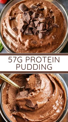 two bowls filled with chocolate pudding on top of a wooden table and the words, 5g protein pudding