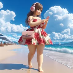 a girl is standing on the beach with headphones and looking at her cell phone