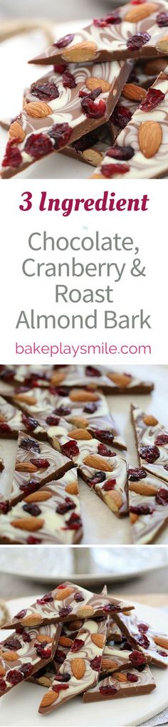 chocolate cranberry and almond almond bark on a white plate with text overlay