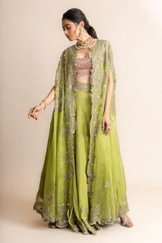 Shop for Nupur Kanoi Green Organza- Georgette Embroidered Border Long Cape And Sharara Set for Women Online at Aza Fashions Long Cape Dress Indian, Green Outfit For Mehendi Function, Jacket Variation, Cape Dress Indian, Mehendi Ceremony Outfits, Green Suit Women, Nupur Kanoi, Function Dress, Cape Lehenga