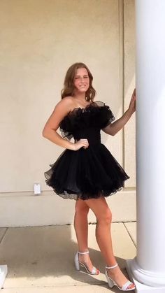 ruffles black fit and flare A-line short homecoming dress party dress #homecoming2023 Dresses For Homecoming, Black Party Dress, Special Video, A Line Shorts, Black Party Dresses, Empire Waistline, Short Homecoming Dress, Strapless Neckline, Blue Fits