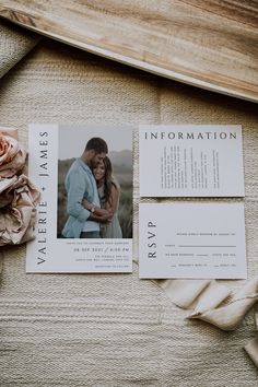 an image of a couple on their wedding day with save the date cards and flowers