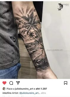 a man's arm with a palm tree tattoo on the left side of his arm