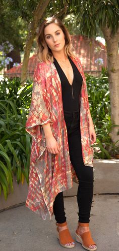 "Hand tie dye meets chic comfort in this long open front kimono jacket. This is absolutely Beautiful! Gorgeous shades of coral, pink, brick, white, cream, tan and gray. Versatile piece...Dress it up, or dress it down. Optional front tie. Or you'll be just gorgeous in this pool side because it also looks great as a pool/beach cover. This handmade, stunning, statement piece is a real standout. The gorgeous colors steal the show! Length straight down back: 38\" Arm hole opening: 12\" (24\" circumfe Spring Tie Dye Kimono With Kimono Sleeves, Tie Dye Kimono For Festivals, Tie-dye Kimono With Kimono Sleeves For Festivals, Festival Tie-dye Kimono With Kimono Sleeves, Spring Festival Tie Dye Kimono, Festival Tie-dye Kimono, Bohemian Outerwear With Kimono Sleeves For Beach, Bohemian Beach Cover-up With Kimono Sleeves, Long Bohemian Robe For Fall