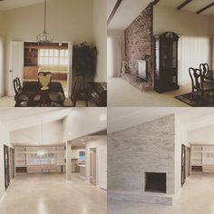 four different views of a living room and dining room in an empty house or apartment