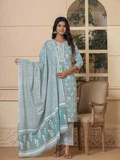 Sea Green Sequins_Work Pure cotton Straight Kurta And Trouser with dupatta Set Kurta design: Floral Print Show Button On Yoke Embroidery Straight shape Round-Neck, Three quarter Regular Sleeves Calf Length with Straight hem, Trouser design: Printed One Pocket Trouser Elasticated waistband Slip-on closure Material & Care:- Top Fabric Pure cotton Bottom Fabric Pure cotton Dupatta Fabric Voile Shipping Policy Domestic delivery time is approximately 3 to 5 days. International delivery time is approximately 10 to 15 days. Return & Exchange GUIDELINES FOR A VALID RETURN AND EXCHANGE: All product tags intact and in their original packaging Product must be unused Products must be in an unwashed and in undamaged condition Whenever you return a product make sure you take a receipt. For further claim Kurta Set With Dupatta, Jaipuri Print, Indian Salwar, Print Block, Kurta Design, Trouser Design, Indian Salwar Kameez, Designer Kurtis, Dupatta Set