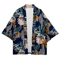 Our Tropical Kimono Shirt, a perfect blend of exotic flair and comfortable style. Embrace the vibrant energy of the tropics with this beautifully designed shirt that is sure to make a statement wherever you go. Crafted with care, our Tropical Kimono Shirt features lightweight and breathable fabric, making it ideal for warm weather and beach destinations. Its loose and flowing silhouette offers both comfort and versatility, allowing you to effortlessly transition from lounging poolside to explori Summer Hawaiian Shirt In Blue With Prints, Summer Blue Hawaiian Shirt With Prints, Patterned Printed Hawaiian Shirt For Spring, Hawaiian Patterned Tops For Spring, Patterned Hawaiian Tops For Spring, Spring Patterned Printed Hawaiian Shirt, Long Sleeve Cotton Tops With Tropical Print, Patterned Shirt With Plant Print For Summer, Spring Hawaiian Patterned Tops