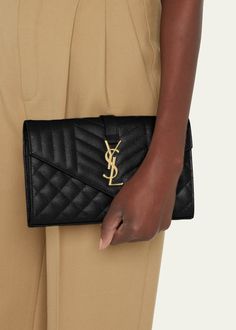 Saint Laurent Envelope Flap YSL Clutch Bag in Grained Leather Ysl Envelope, Ysl Clutch, Monogram Quilt, Envelope Clutch Bag, Greyish Brown, Envelope Clutch, The Saint, Evening Clutch, Bergdorf Goodman