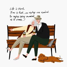 an elderly man and woman sitting on a bench with a dog sleeping next to them