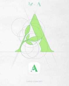 the letter a is made up of overlapping lines and leaves, as well as an arrow