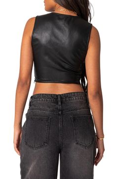 This bustier-inspired crop top is made of supple faux leather that brings edgy energy to your look. Square neck Sleeveless 100% polyurethane Hand wash, dry flat Imported Thick Strap Tank Top, Leather Halter Top, Leather Crop Top, Faux Leather Top, Strapless Crop Top, Corset Crop Top, Leather Corset, Cropped Tube Top, Cami Tanks