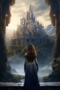 a woman standing in front of a castle looking out at the water and foggy mountains