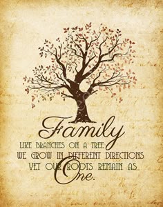 a family tree with leaves and the words, like branches on a tree we grow in different directions yet roots remain as one