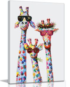 two giraffes with sunglasses and flowers on their heads are standing next to each other