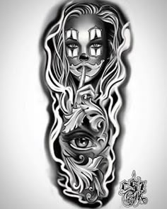 a black and white tattoo with an image of a woman's face