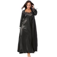 Feel luxurious in this beautiful satin nightgown and dressing robe set, perfect for a touch of romance and comfort. Slip features adjustable skinny straps and elegant lace trim for a feminine touch. Enjoy the full-sweep design of the nightgown, offering ultimate comfort and ease of movement. Coordinating robe with long sleeves enhances the set with lace trim on the neck and cuffs for a refined look. Keep everything secured with the included self-tie sash, ensuring a perfect fit all night long. G Black Satin Nightgown For Wedding Night, Gothic Cottage Core, Lace Top Gown, Gothic Cottage, Knit Gown, Satin Nightie, Satin Nightgown, Peignoir Sets, One Piece Clothing