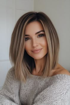 Click for More ➡️ | Save for Later ❤️  A straight lob with cool beige balayage offers a neutral and sophisticated look for everyday wear. (Straight Lob with Cool Beige Balayage - Hairstyles For Women Over 40) Dark Blonde Balayage Lob, Bob With Partial Highlights, Light Brown And Dark Brown Hair, Balayage Brunette Straight Hair, Root Smudge Blonde Short Hair, Hair 40 Year Old Woman, Hair Colors For Light Skin Tones, Straight Hair Lob, Dark Blonde Long Bob