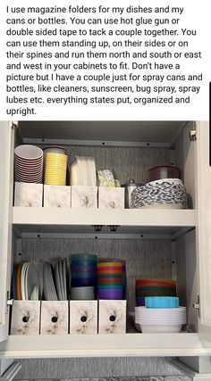 an open cabinet filled with dishes and cups